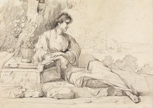 Liggende vrouwelijke figuur in een Italiaans landschap door John Hamilton Mortimer